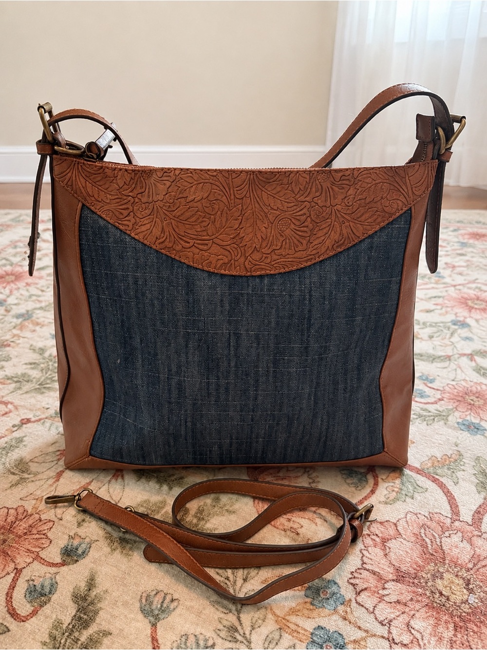 The Pioneer Woman Brown & Blue Leather and Denim Crossbody Bag